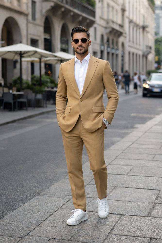 Rossiman Men’s Tan Seersucker Suit – Peak Lapel Formalwear with Tone-on-Tone Shadow Stripe