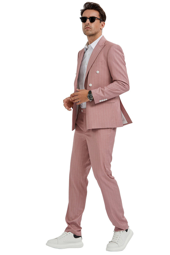 Men's Slim Fit Pink Double Breasted Suit by Tazzio Suits