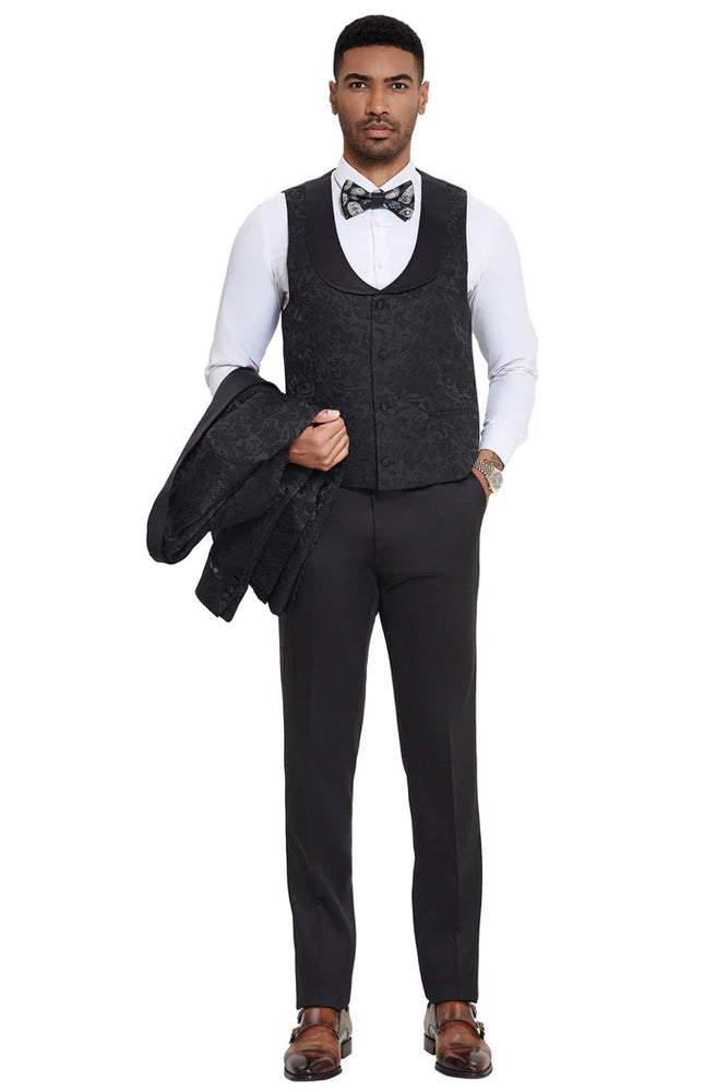 Mens Designer Wedding & Prom Shawl Lapel Vested Paisley Tuxedo in Black