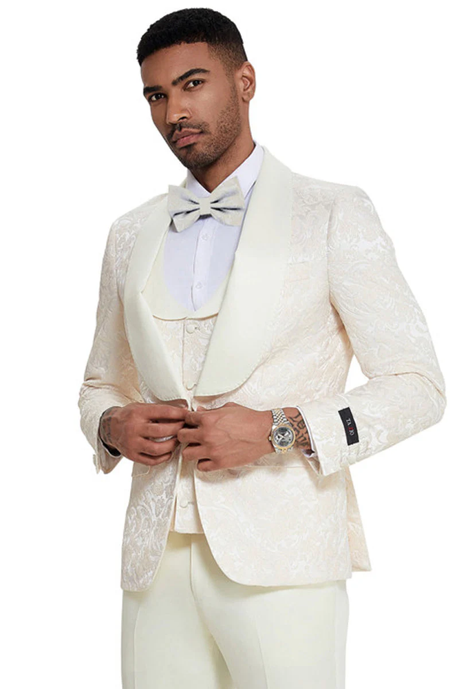 Mens Designer Wedding & Prom Shawl Lapel Vested Paisley Tuxedo in Ivory