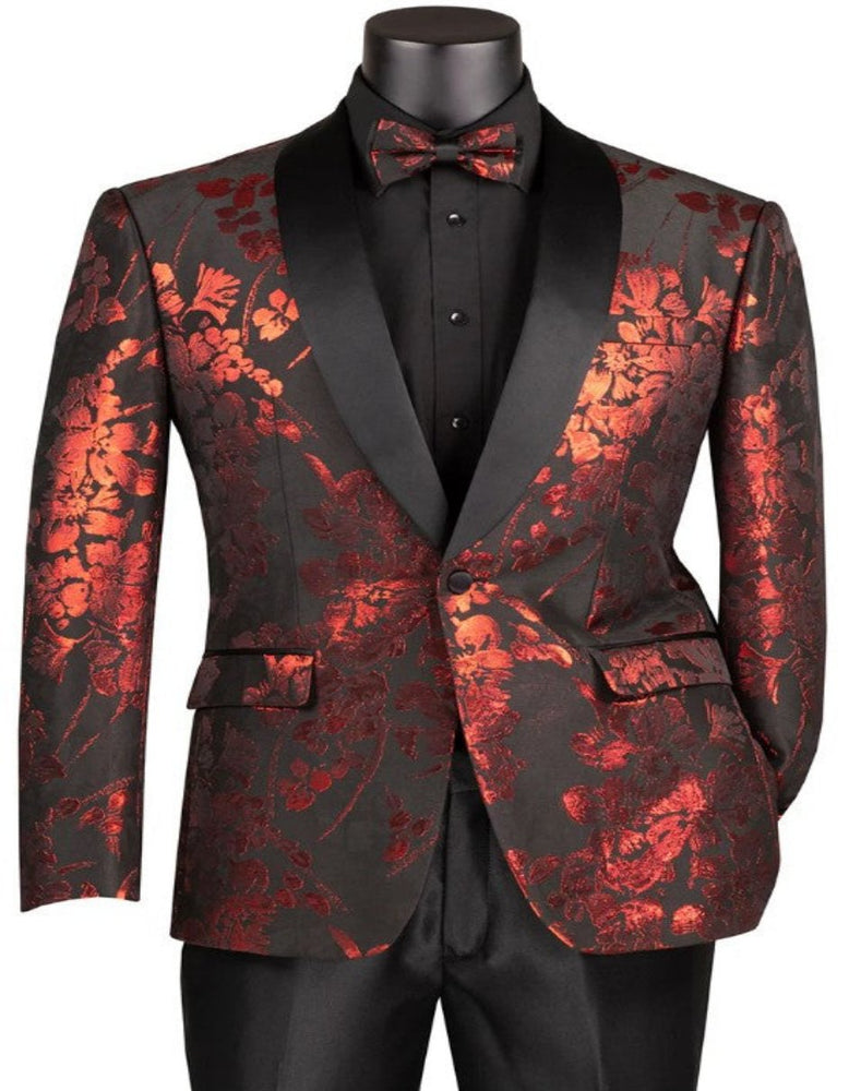 Mens Shiny Foil Floral Paisley Prom 2026 and Wedding Tuxedo Jacket in Red