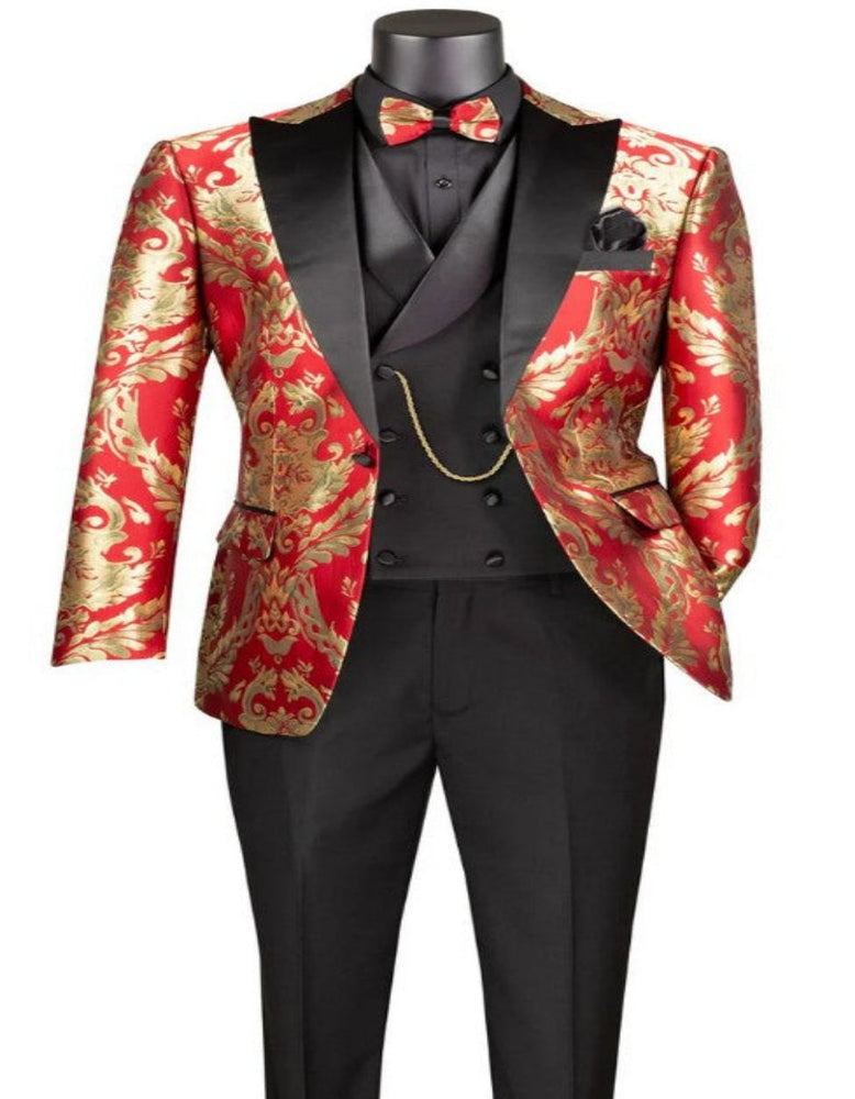 Mens Shiny Paisley Vested Wedding and Prom 2025 Tuxedo in Red and Gold