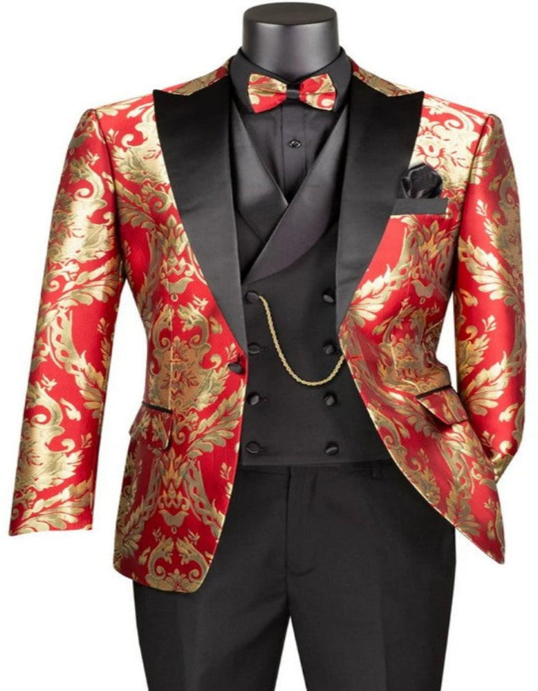 Mens Shiny Paisley Vested Wedding and Prom 2025 Tuxedo in Red and Gold