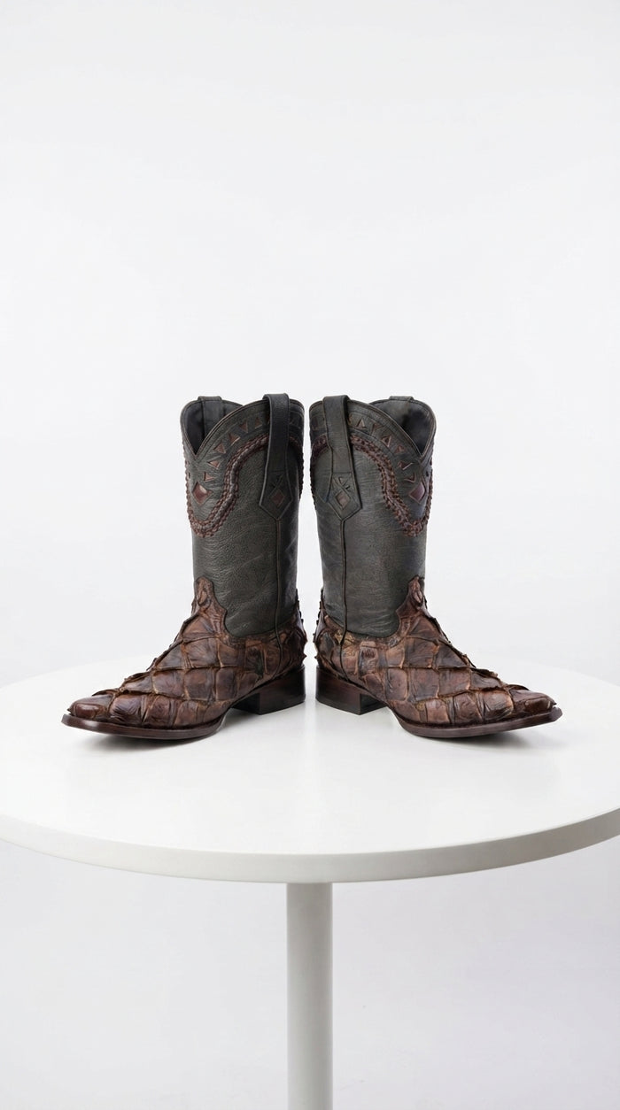 Men’s Brown Fish Skin Cowboy Boots, Exotic Western Dress Boots in Café Brown