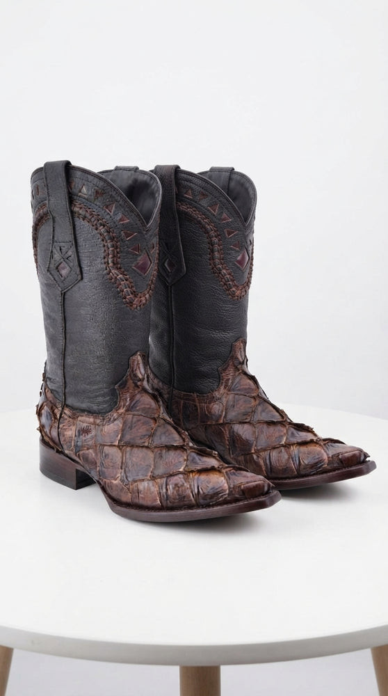 Men’s Brown Fish Skin Cowboy Boots, Exotic Western Dress Boots in Café Brown