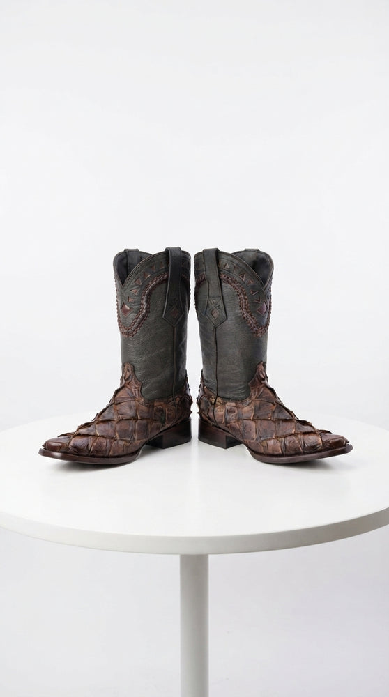 Men’s Brown Fish Skin Cowboy Boots, Exotic Western Dress Boots in Café Brown