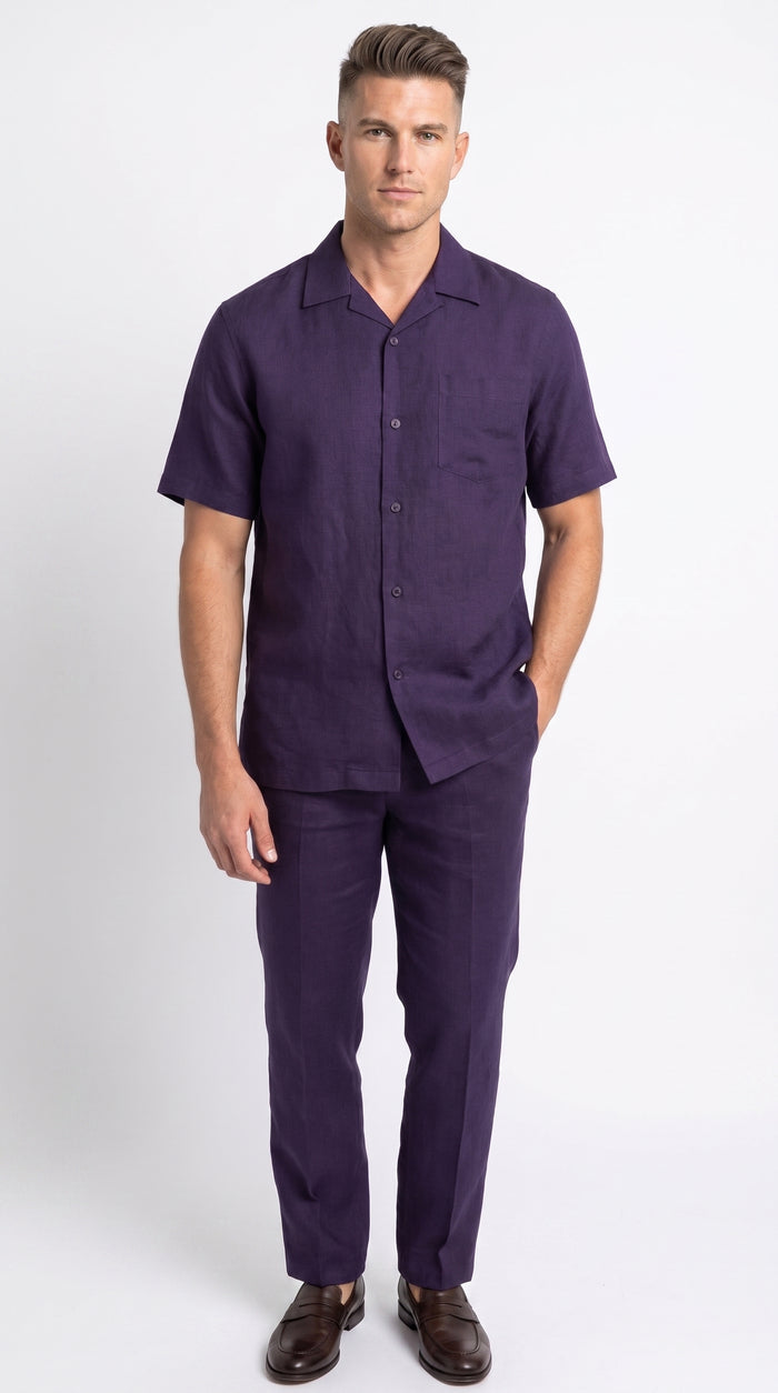 Men’s Dark Navy Linen Walking Suit, Short Sleeve Shirt and Pants Casual Summer Set