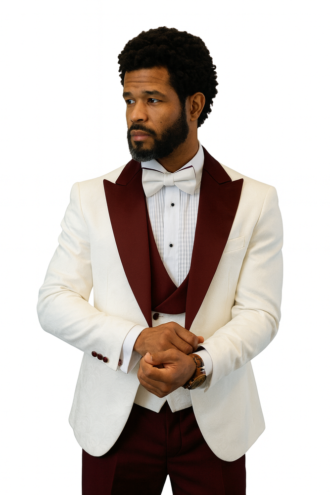 Hilton White and Burgundy Paisley Peak Lapel Tuxedo Jacket with Matching Shawl Vest and Wool Pants – Includes Bow Tie