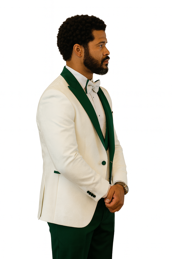 Hilton White and Hunter Green Paisley Peak Lapel Tuxedo Jacket with Matching Shawl Vest and Wool Pants – Includes Bow Tie