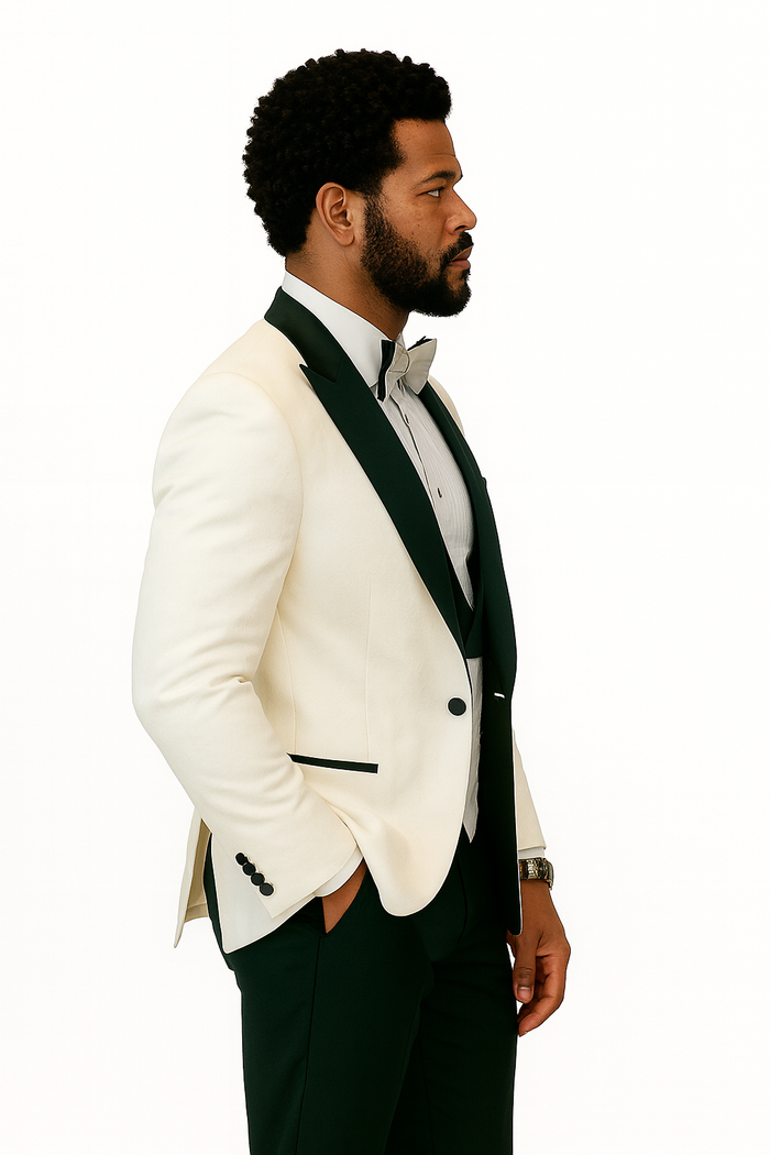 Hilton White and Black Paisley Peak Lapel Tuxedo Jacket with Matching Shawl Vest and Wool Pants – Includes Bow Tie