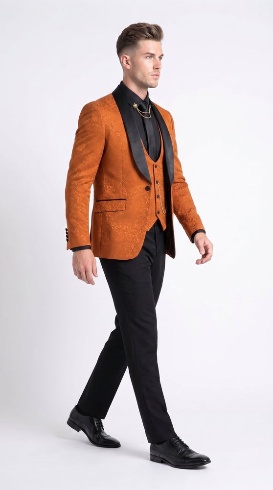 Men’s Burnt Orange Floral Brocade Tuxedo, Designer Formal Wedding Prom Dinner Suit