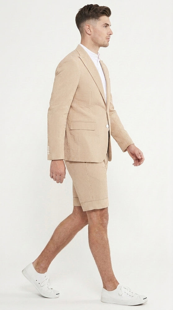 Men’s Camel Short Pants Suit Set, Peak Lapel Summer Business Sport Coat and Shorts Outfit
