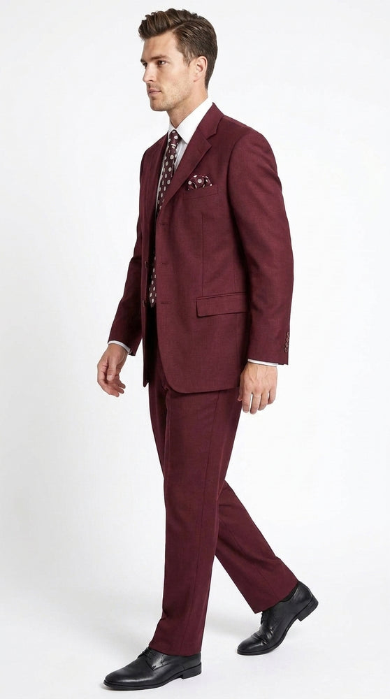 Men’s Burgundy 3 Button Textured Suit, Classic Fit Formal Wedding Business Suit with Pleated Pants