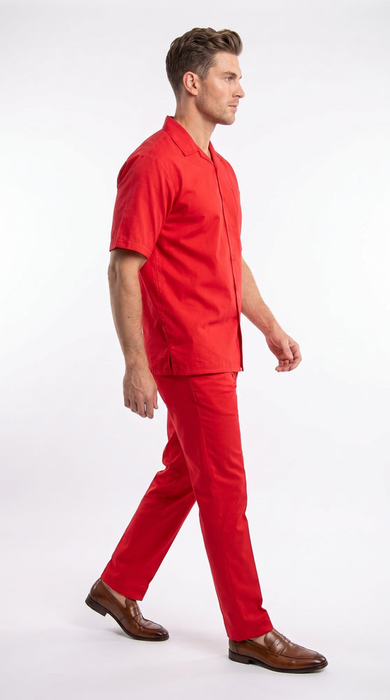 Men’s Red Linen Shirt and Pants Set – 2 Piece Short Sleeve Summer Walking Suit Casual Outfit