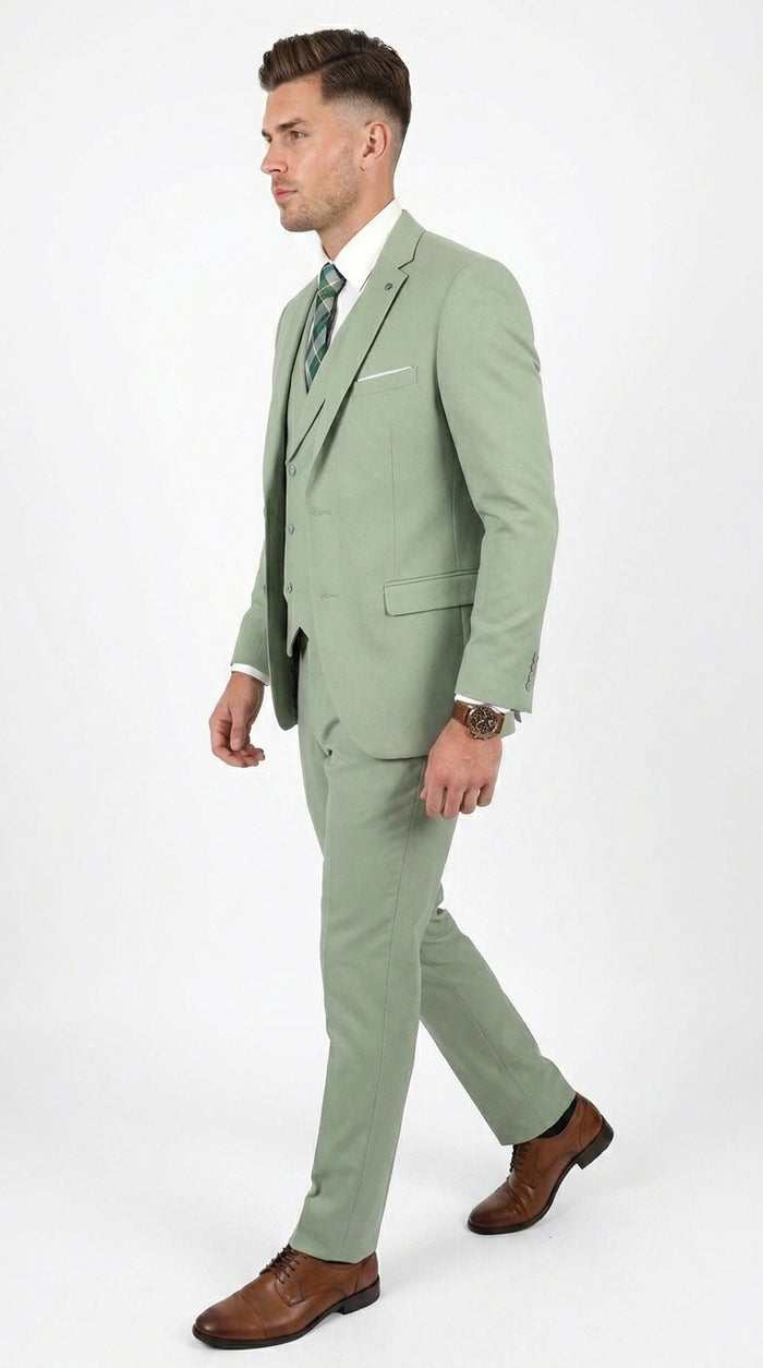Men’s Sage Green 3 Piece Suit with Jacket, Vest and Pants, Light Green Summer Wedding Suit