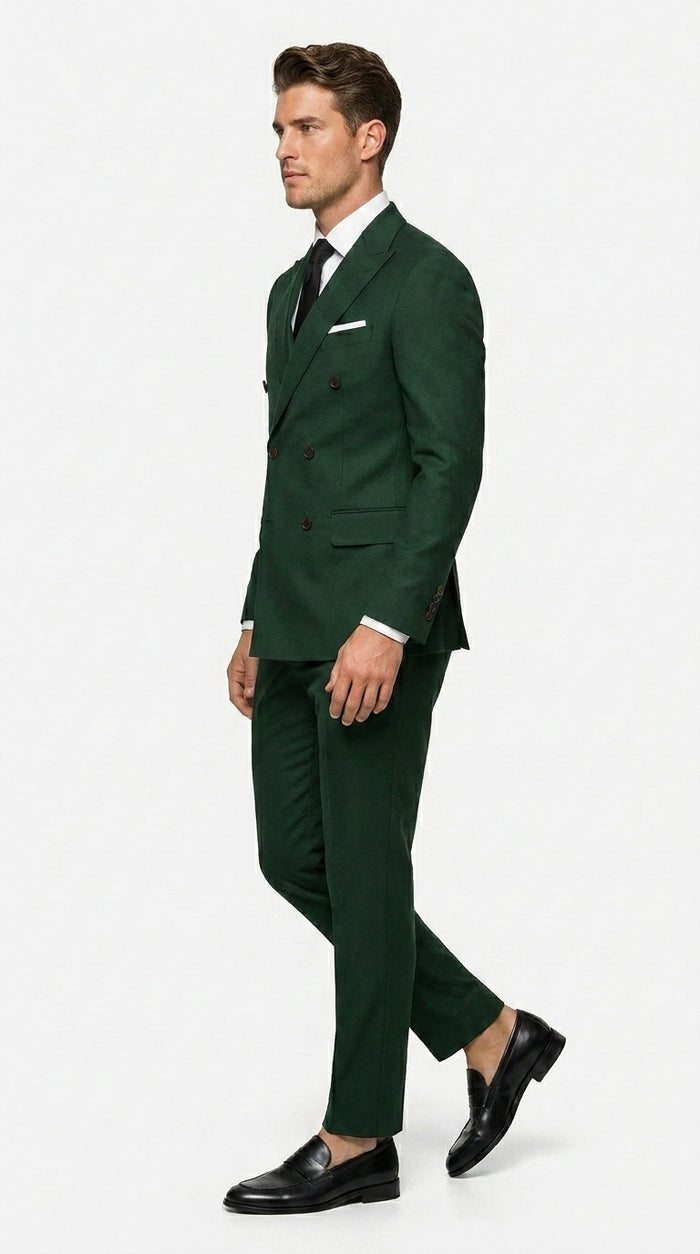 Men’s Olive Green Double Breasted Suit with Gold Buttons, Designer Wool Formal Wedding Business Suit Set
