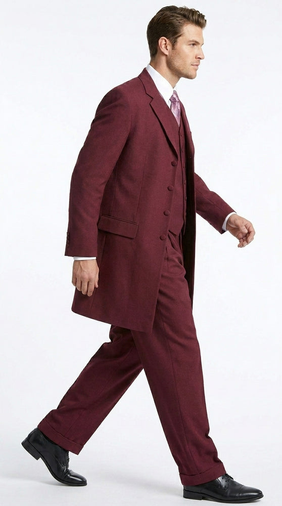 Men’s Burgundy Maroon Zoot Suit with 38 Inch Long Jacket, Wine Color 3 Piece Fashion Suit
