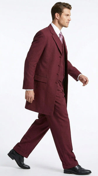 Men’s Burgundy Maroon Zoot Suit with 38 Inch Long Jacket, Wine Color 3 Piece Fashion Suit