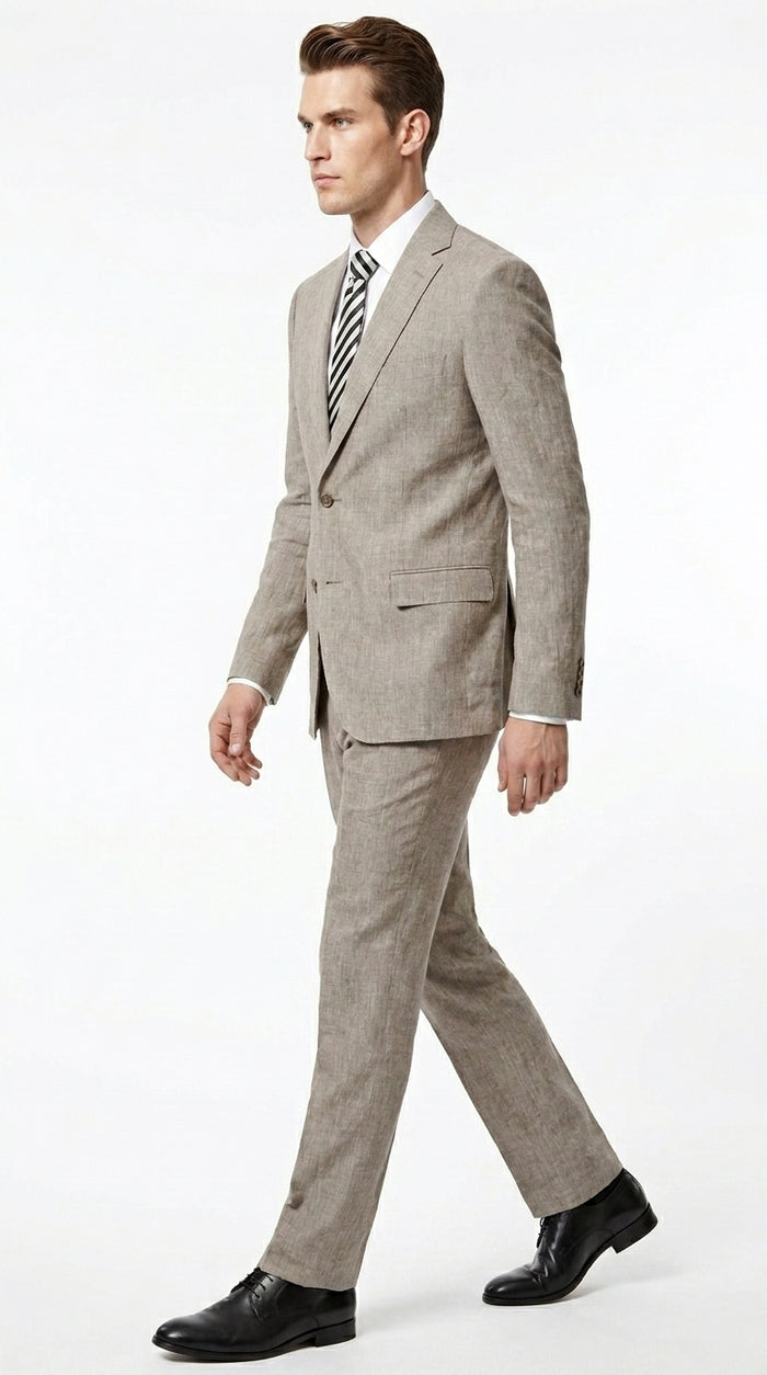 Men’s Dark Tan Taupe 100% Linen Suit with 2 Button Jacket and Flat Front Pants