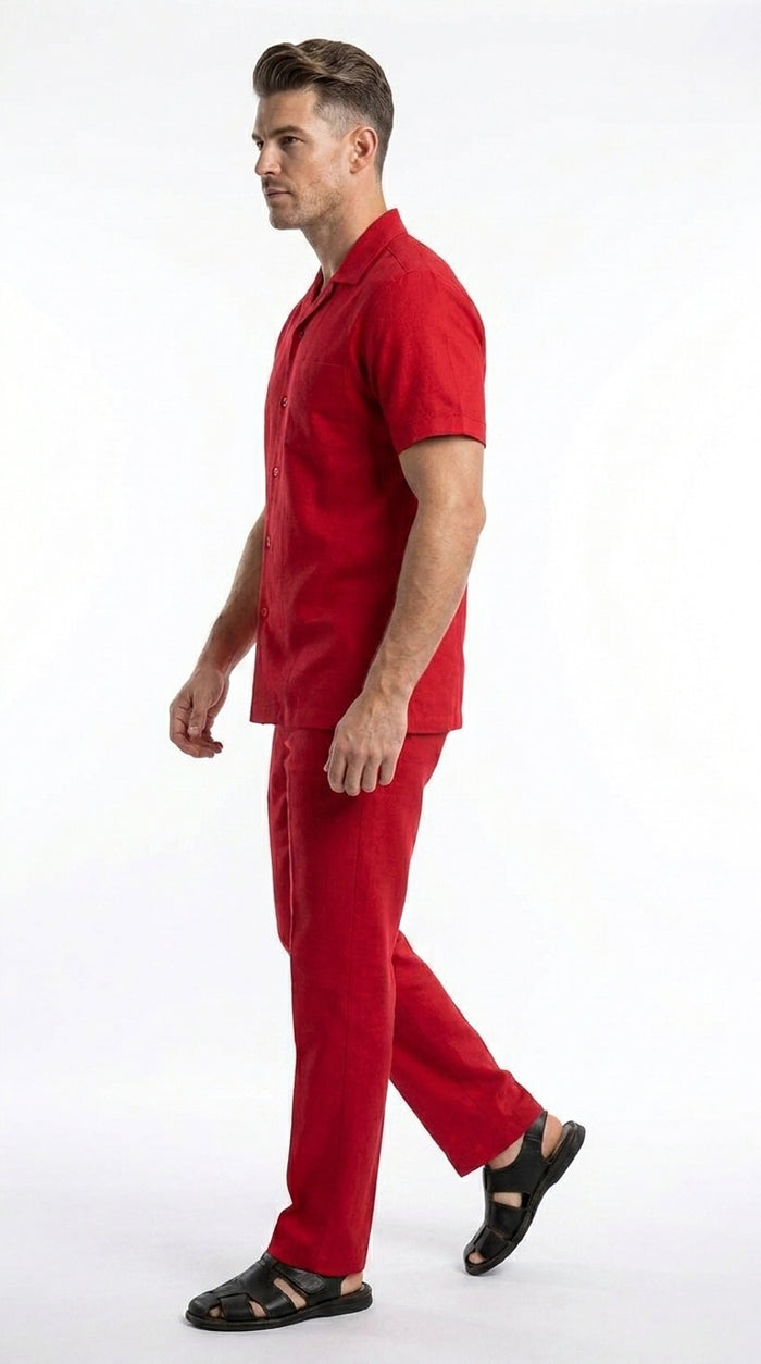 Men’s Red 2 Piece Short Sleeve Walking Suit, Casual Shirt and Pants Set