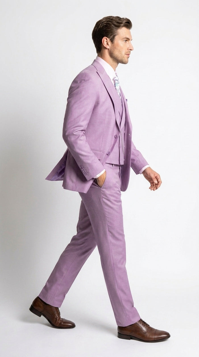 Men’s Lavender Modern Fit 3 Piece Suit, Lapel Vest Wedding Prom Formal Suit with Adjustable Pants