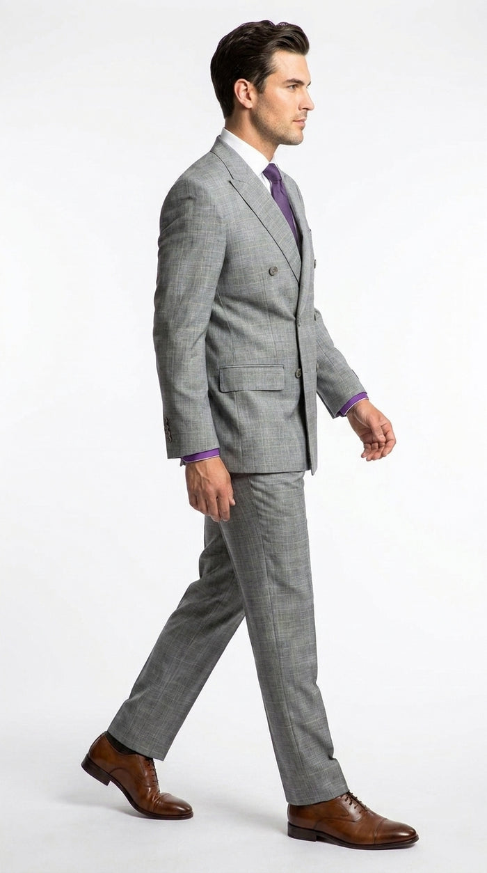 Men’s Grey Glen Plaid Double Breasted Suit, Executive Regular Fit Formal Business Wedding Suit Set