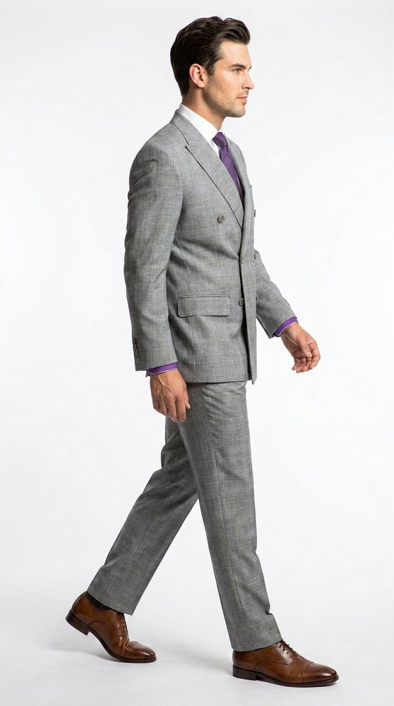 Men’s Grey Glen Plaid Double Breasted Suit, Executive Regular Fit Formal Business Wedding Suit Set