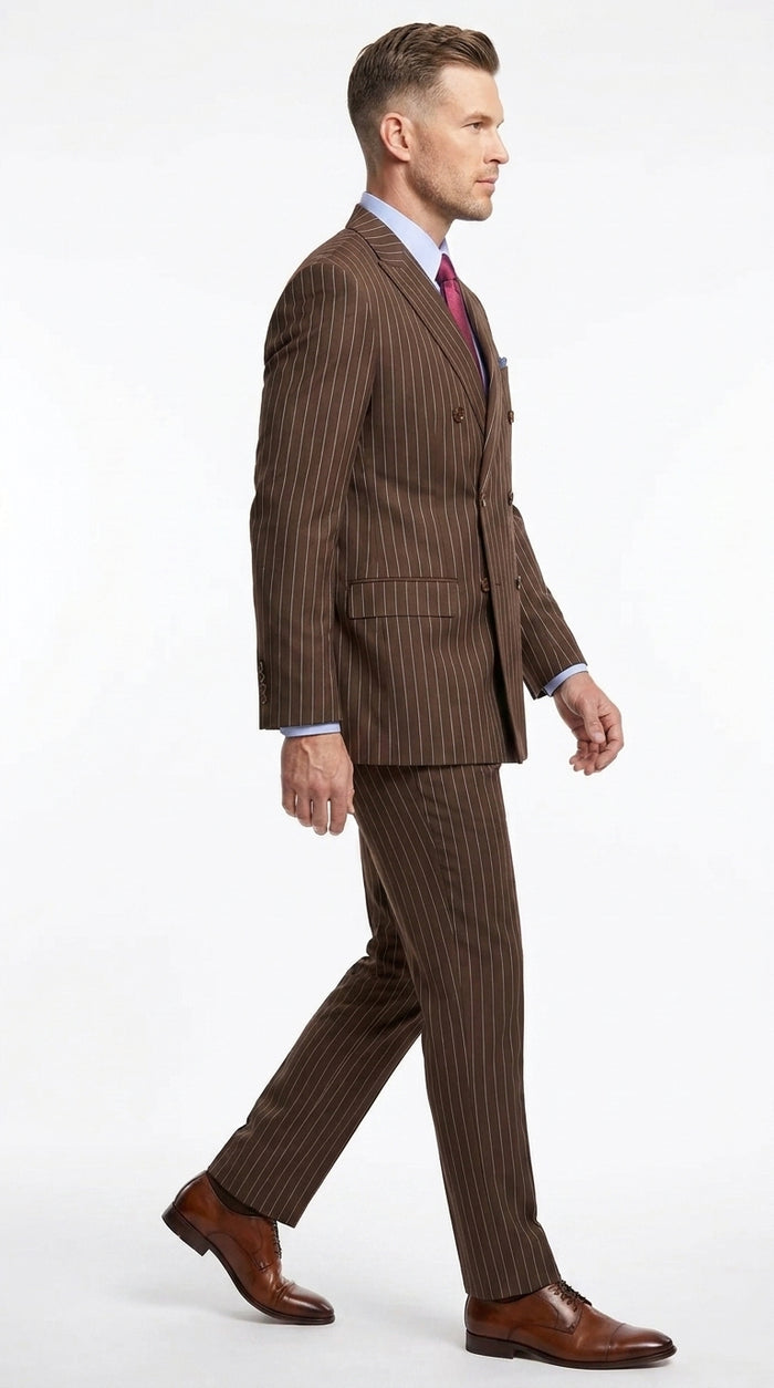 Rockefeller Collection Men’s Brown Double Breasted Pinstripe Suit, Regular Fit 2 Piece Formal Business Suit Set