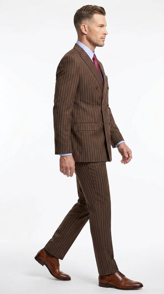 Rockefeller Collection Men’s Brown Double Breasted Pinstripe Suit, Regular Fit 2 Piece Formal Business Suit Set