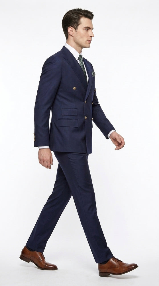 Men’s Navy Blue Double Breasted Suit, Slim Fitted Cut Formal Business Wedding Suit with Flat Front Pants