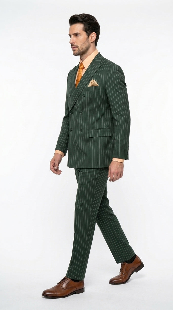 Rockefeller Collection Men’s Hunter Green Double Breasted Pinstripe Suit, Regular Fit 2 Piece Formal Business Suit Set