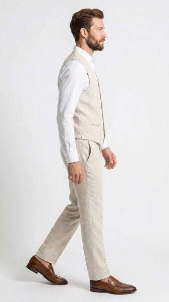 Men’s Ivory Linen Vest and Pants Set – 2-Piece Wedding, Beach and Summer Formal Outfit