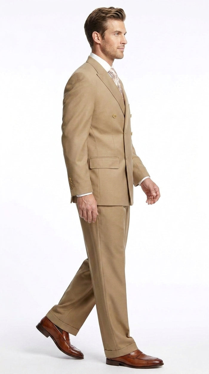 Men’s Khaki Bronze Camel Double-Breasted Suit – Classic Pleated Pants Wedding, Business and Formal Suit