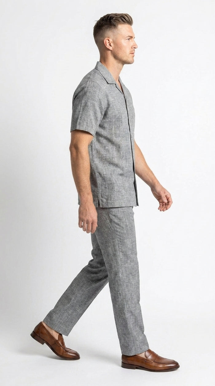 Men’s Grey Walking Suit, Casual Short Sleeve Shirt and Pants Set