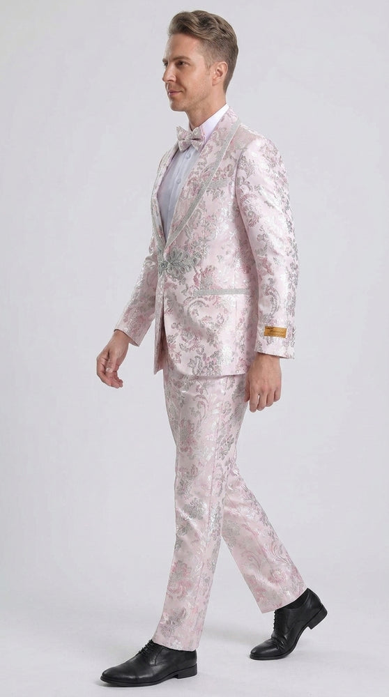 Men’s Pink Floral Paisley Prom Tuxedo with Silver Trim, Fancy Wedding Party Dinner Jacket Suit