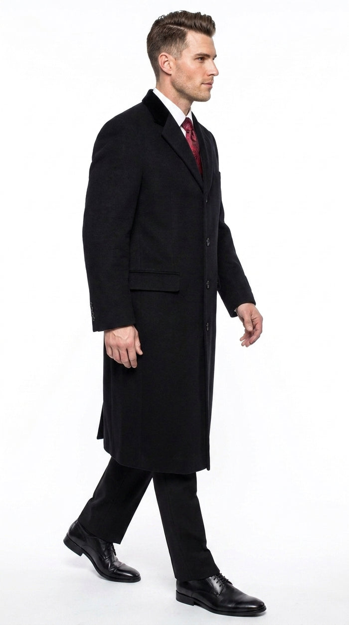 Men’s Black Chesterfield Full Length Wool and Cashmere Overcoat, Formal Winter Dress Coat