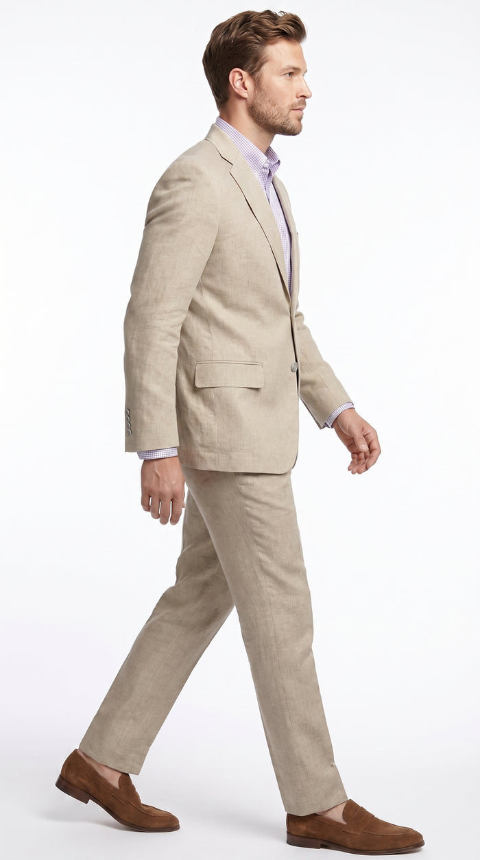 Men’s Beige Natural Big and Tall Linen Suit, Summer Wedding and Business Dress Suit