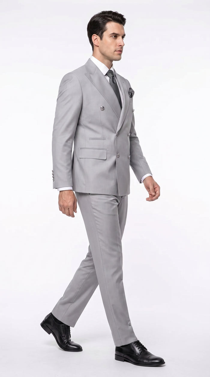 Rossi Man Men’s Silver Double-Breasted Suit – Modern Fit Wedding, Prom and Formal 2-Piece Suit