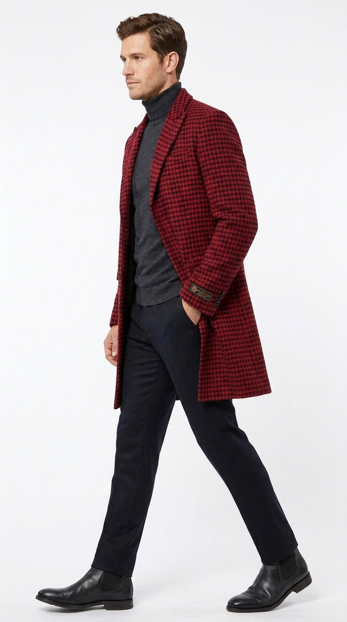 Men’s Red and Black Plaid Peacoat – Wool-Blend Houndstooth Winter Overcoat