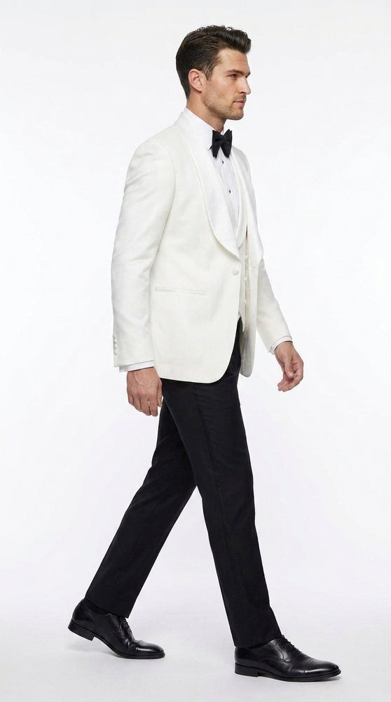 Men’s White 3-Piece Tuxedo Suit – Wide Shawl Lapel Wedding, Prom and Formal Suit