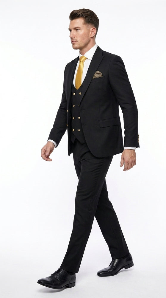 Men’s Black Slim-Fit 3-Piece Suit with Gold Buttons – Double-Breasted Vest Wedding and Formal Suit