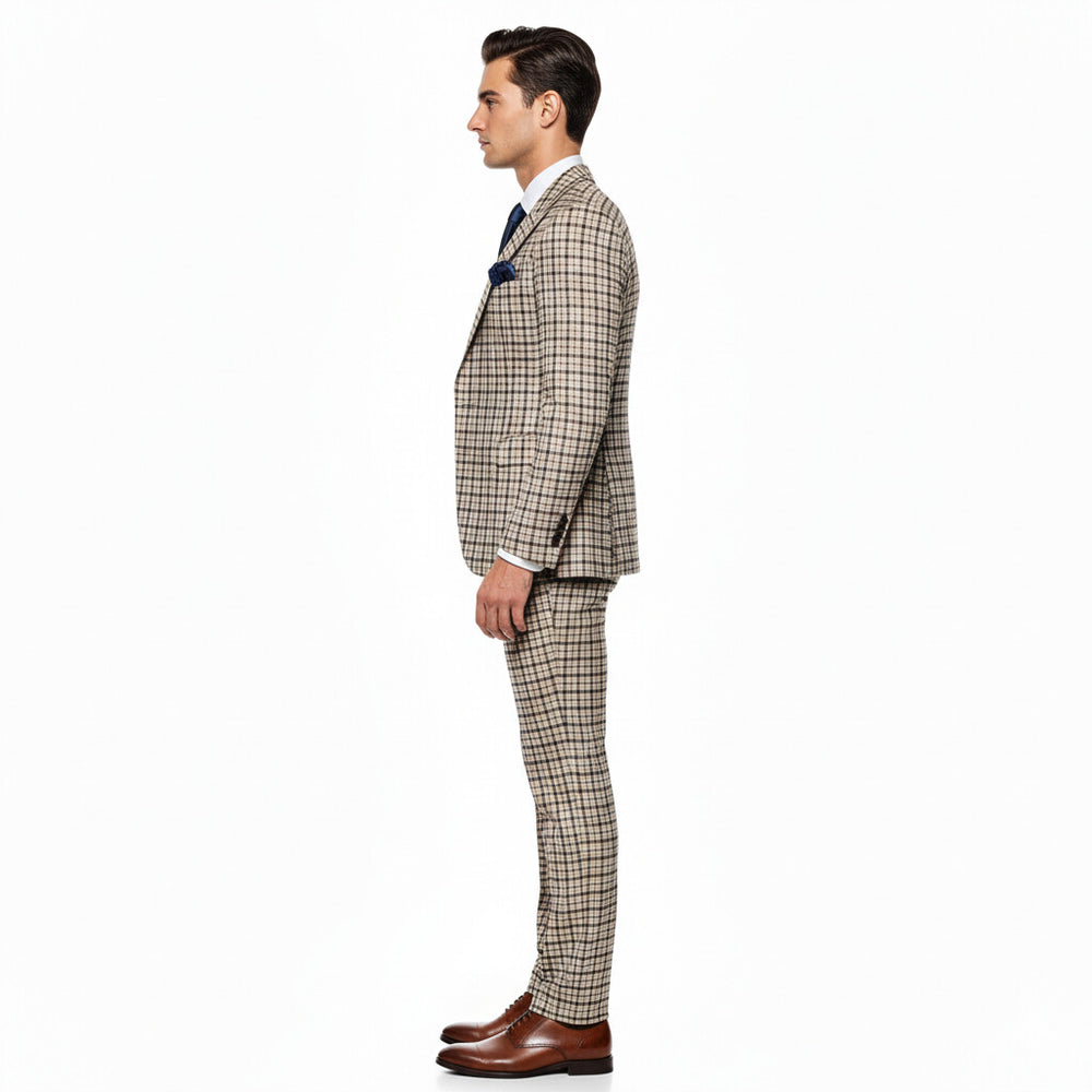 Rossiman Monarch Tan & Navy Grid 3-Piece Signature Suit