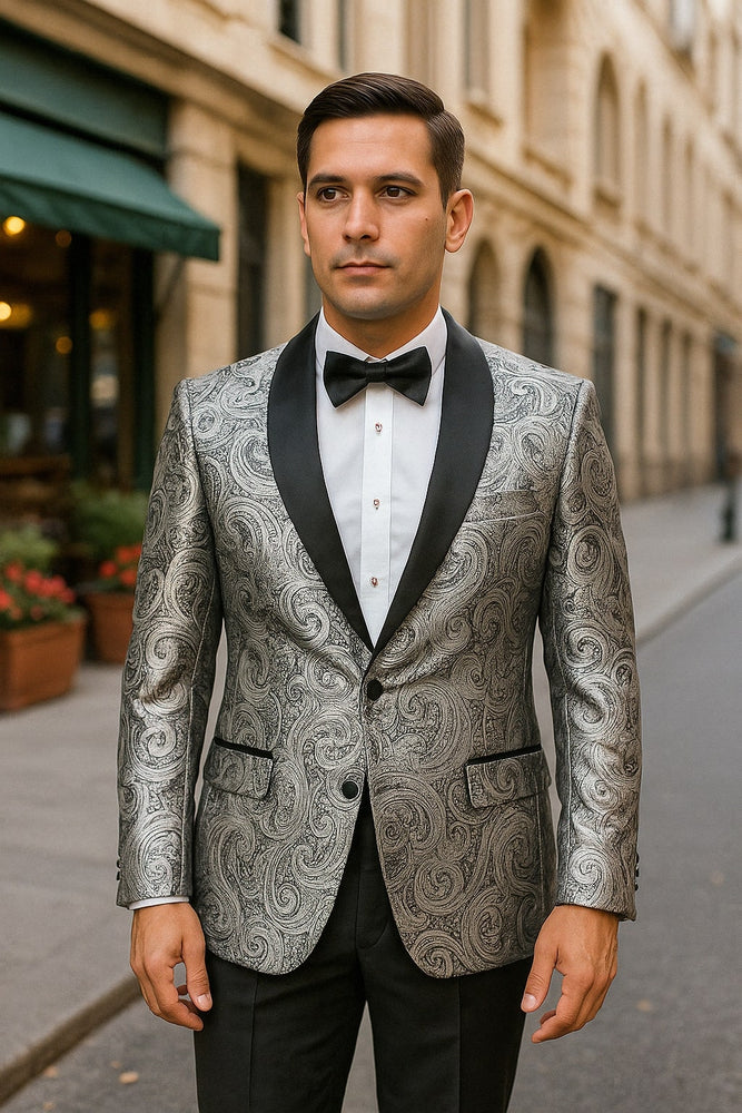 Silver and Black Tuxedo Blazer with Matching Bow Tie - Paisley Sport Coat For Prom or Wedding