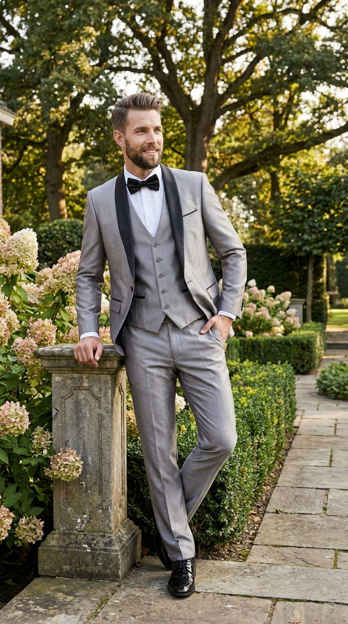  Silver Shiny Tuxedo 3 Piece Suit with Black Shawl Lapel
