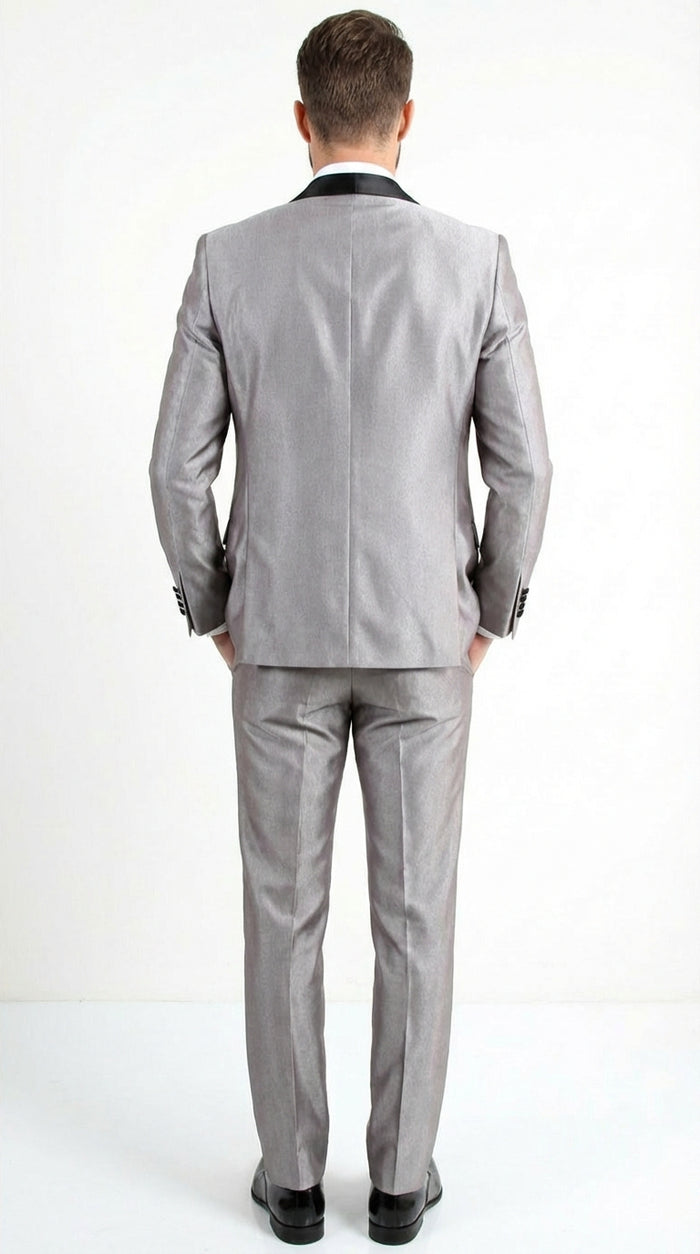  Silver Shiny Tuxedo 3 Piece Suit with Black Shawl Lapel
