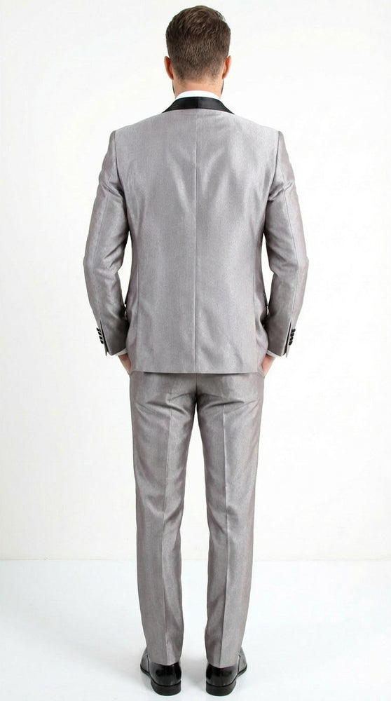  Silver Shiny Tuxedo 3 Piece Suit with Black Shawl Lapel