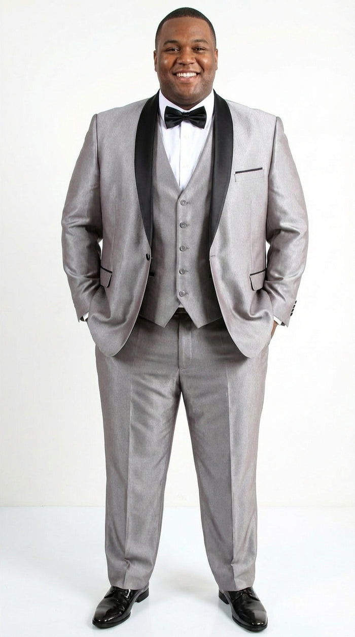  Silver Shiny Tuxedo 3 Piece Suit with Black Shawl Lapel