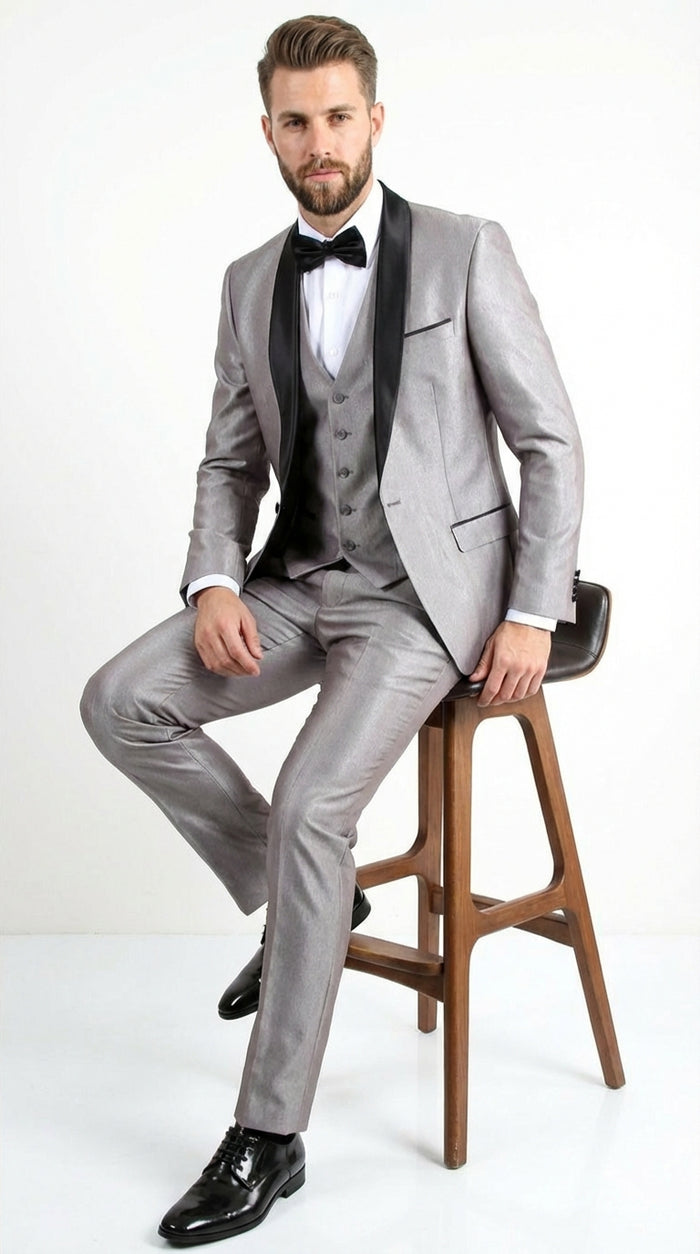  Silver Shiny Tuxedo 3 Piece Suit with Black Shawl Lapel