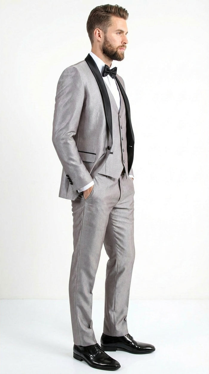  Silver Shiny Tuxedo 3 Piece Suit with Black Shawl Lapel