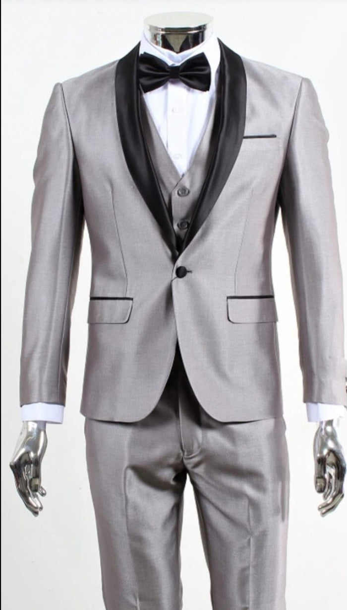  Silver Shiny Tuxedo 3 Piece Suit with Black Shawl Lapel